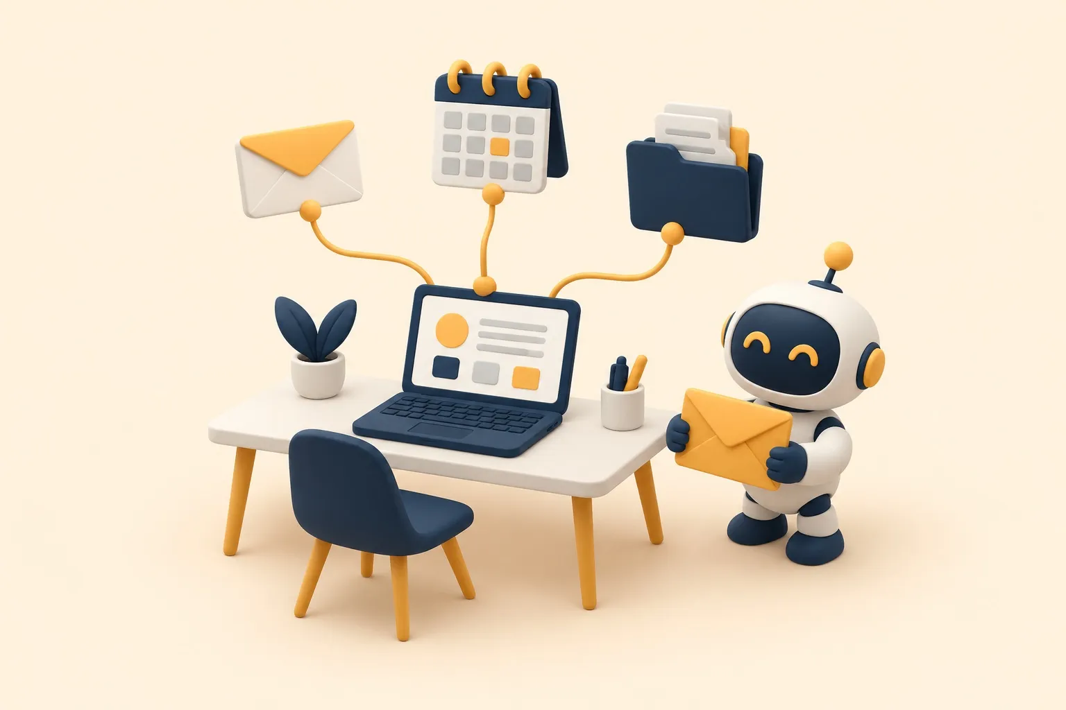 Un escritorio con un portátil conectado a un sobre, un calendario y una carpeta, y un pequeño robot que lleva un sobre en las manos