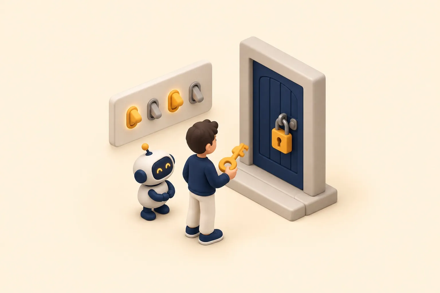Una persona con una llave ante una puerta cerrada con candado, junto a un pequeño robot y un panel con interruptores encendidos y apagados