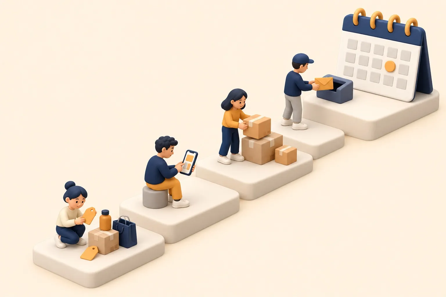 Cuatro personas preparan una tienda online en unos escalones que suben hacia un calendario: revisan precios, prueban el móvil, preparan envíos y mandan un correo