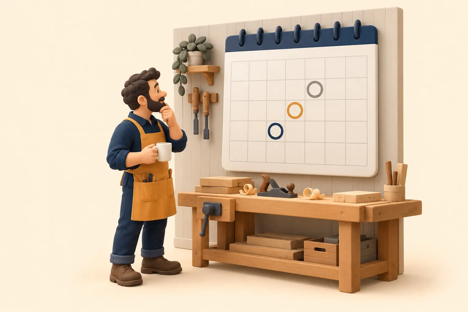 Un carpintero con una taza mira en su taller un calendario de pared con tres días marcados en círculos de colores