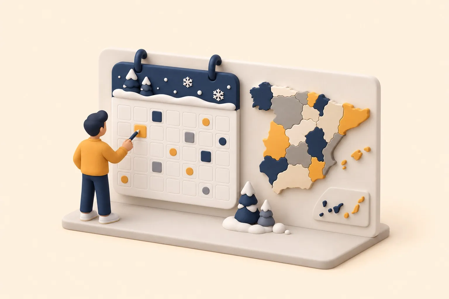 Una persona marca días en un gran calendario de invierno, junto a un mapa de España dividido en regiones de colores
