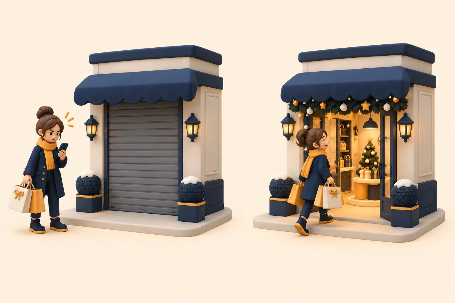 Antes y después: una clienta con bolsas de regalo, molesta ante una tienda con la persiana bajada, y la misma clienta entrando contenta en la tienda abierta y decorada