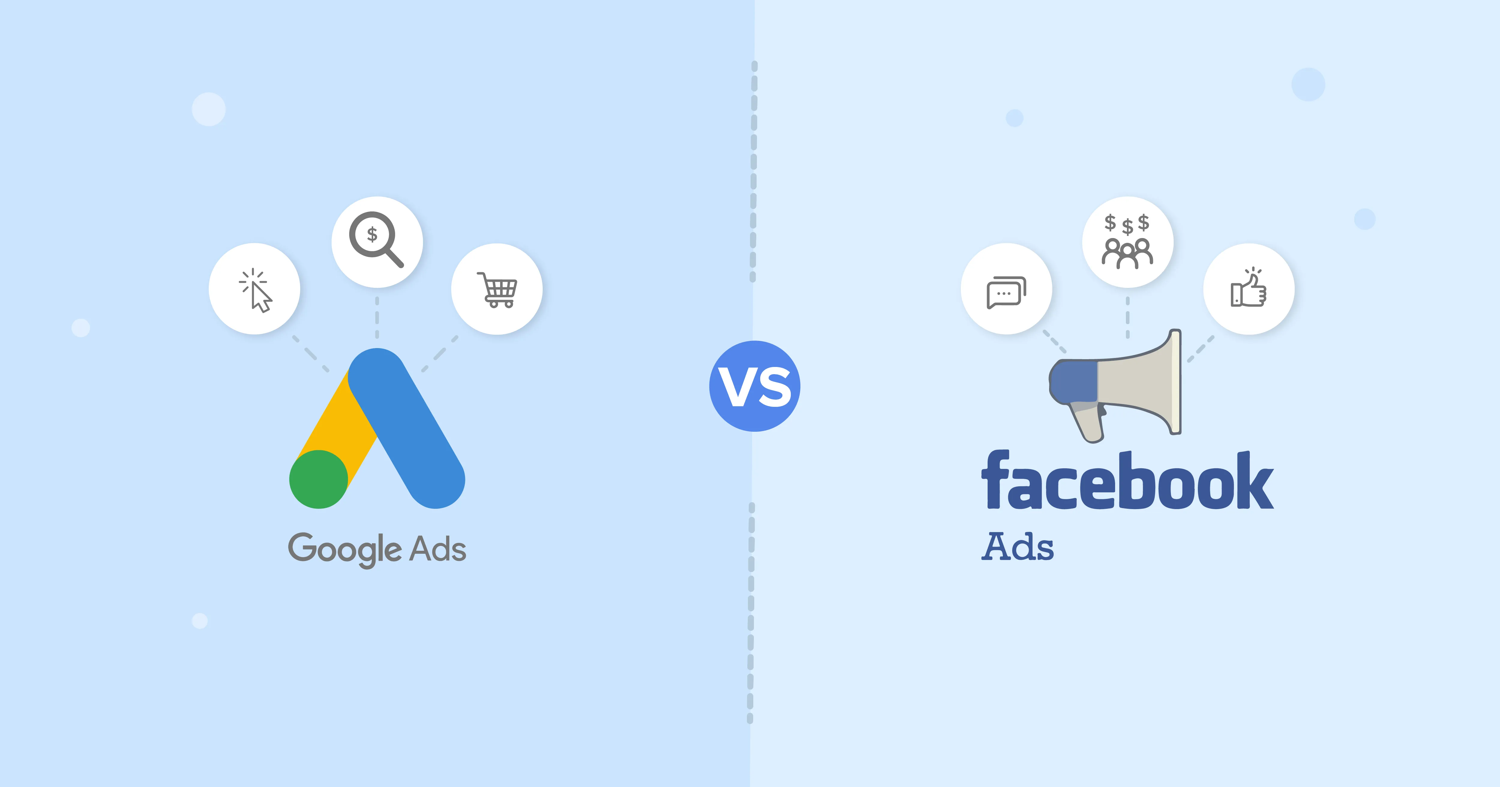 Logotipos de Google Ads y Facebook Ads enfrentados con un «VS» en el centro