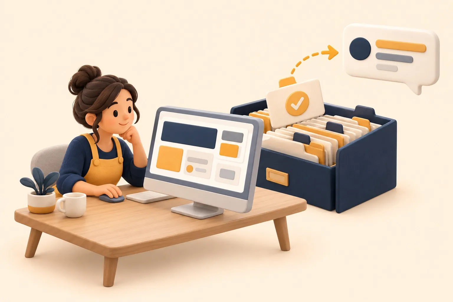 Una mujer revisa su web en el ordenador mientras, a su lado, una ficha con una marca de verificación sale de un archivador hacia un globo de conversación