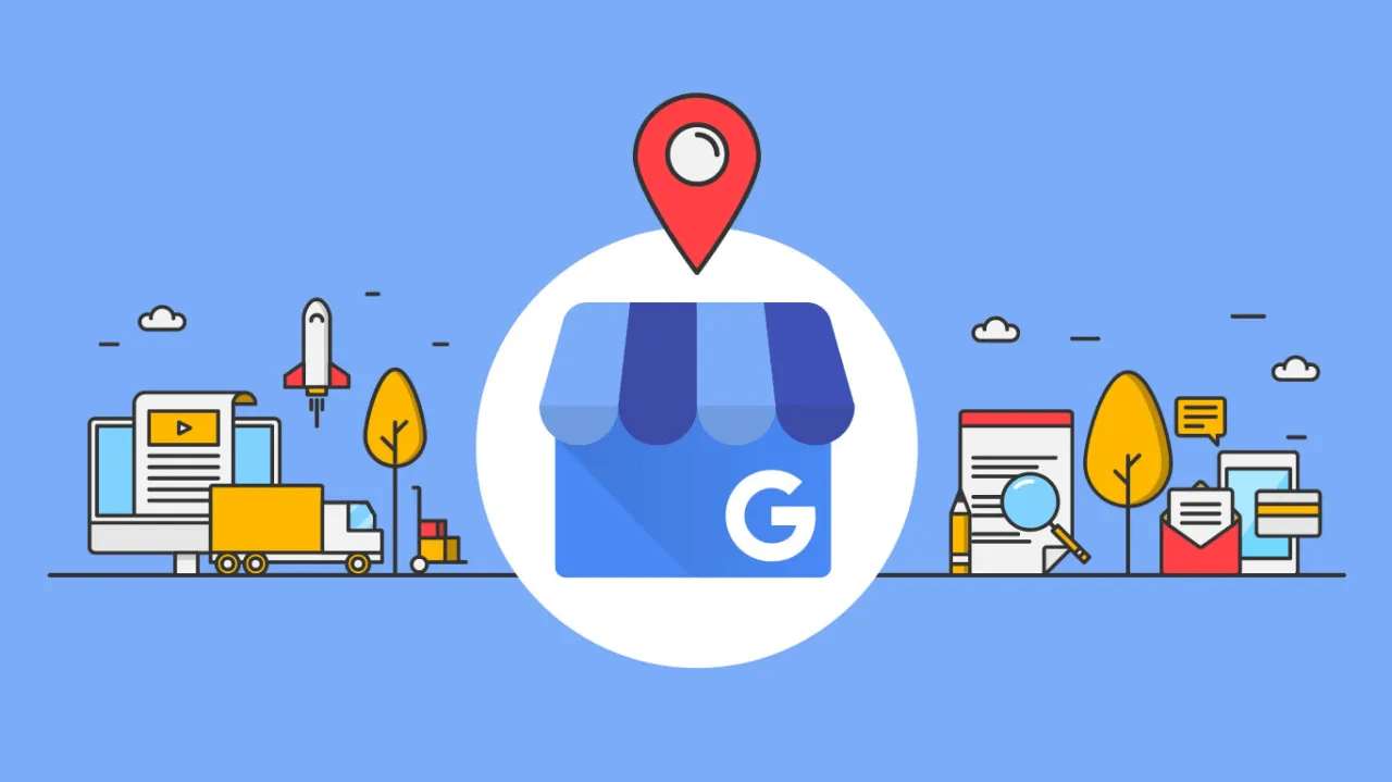 Icono de tienda de Google My Business bajo un marcador de ubicación rojo, rodeado de iconos de comercio y reparto
