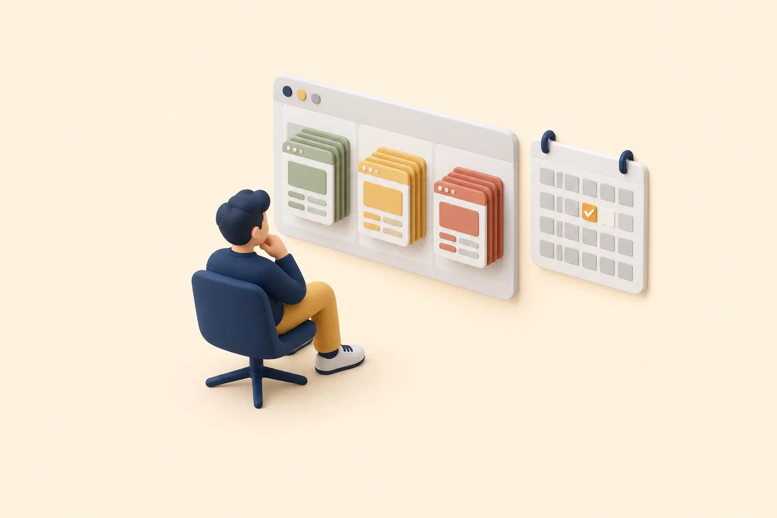 Una persona sentada mira un panel con tres montones de páginas en verde, amarillo y rojo, junto a un calendario